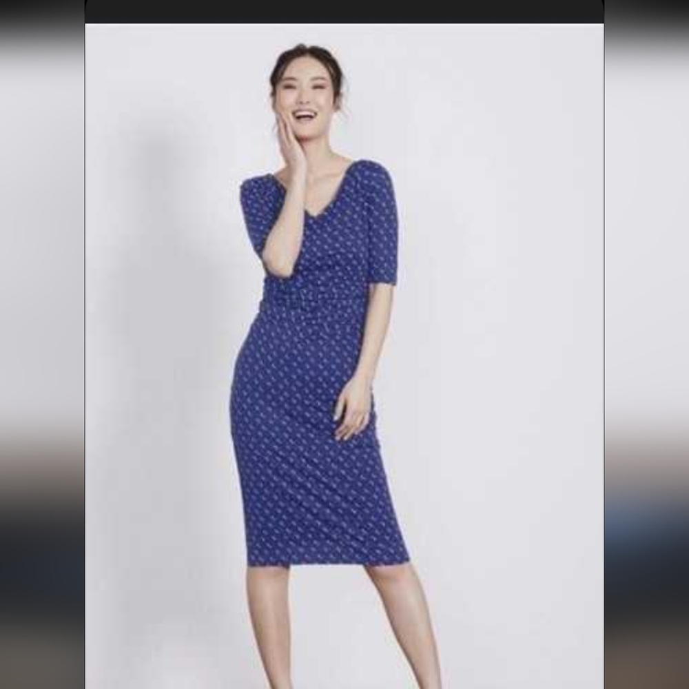 Boden Rita Ruched Sheath Dress Blue Jersey Knit Suze 6 Long Fits Like 4 Long